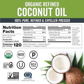 Viva Naturals Refined Coconut Oil - Expeller-Pressed Organic Coconut Oil for Cooking and Baking with Neutral Flavor & Aroma - USDA Organic Certified Hair Oil and Skin Moisturizer, 16 Fl Oz