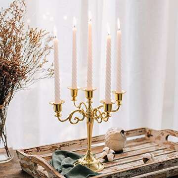 Sziqiqi Candelabra Candlestick Holder for Taper Candles for Wedding Event Candle Centerpiece Home Holiday Decoration, Zinc Alloy 5-stem 10.6in, Gold Finish