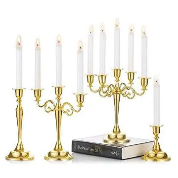 Sziqiqi Candelabra Candlestick Holder for Taper Candles for Wedding Event Candle Centerpiece Home Holiday Decoration, Zinc Alloy 5-stem 10.6in, Gold Finish