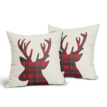 Christmas Pillow Covers 18x18 Inch Xmas Red Green Buffalo Plaid Deer Head Decorative Throw Pillow Cover Linen Square Cushion Covers for Home Sofa Couch Bedroom Livingroom (Pack of 2)