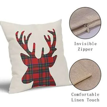 Christmas Pillow Covers 18x18 Inch Xmas Red Green Buffalo Plaid Deer Head Decorative Throw Pillow Cover Linen Square Cushion Covers for Home Sofa Couch Bedroom Livingroom (Pack of 2)