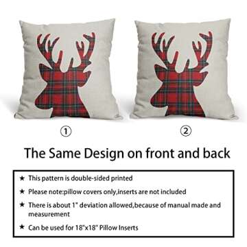 Christmas Pillow Covers 18x18 Inch Xmas Red Green Buffalo Plaid Deer Head Decorative Throw Pillow Cover Linen Square Cushion Covers for Home Sofa Couch Bedroom Livingroom (Pack of 2)