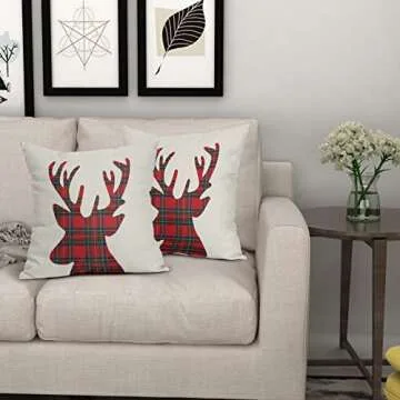 Christmas Pillow Covers 18x18 Inch Xmas Red Green Buffalo Plaid Deer Head Decorative Throw Pillow Cover Linen Square Cushion Covers for Home Sofa Couch Bedroom Livingroom (Pack of 2)