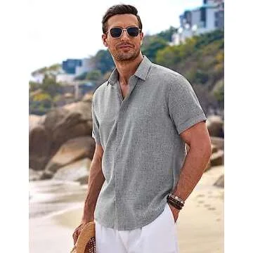 COOFANDY Men’s Green Linen Shirt - Casual Button Down for Summer Style