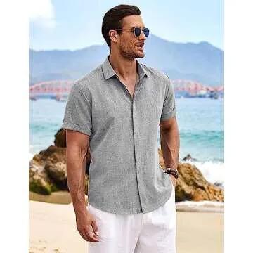 COOFANDY Men's Green Linen Shirt for Casual Summer Style