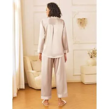 Ekouaer Womens Silk Satin Pajama Sets 2 Piece Sleepwear Pjs Set Long Sleeve Button Down Top and Pant...