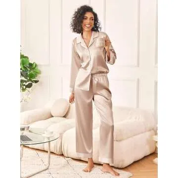 Ekouaer Womens Silk Satin Pajama Sets 2 Piece Sleepwear Pjs Set Long Sleeve Button Down Top and Pants Stripe Loungewear,S Champagne