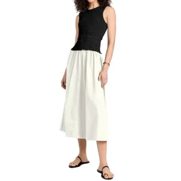 Ymejia Women's Flowy Sleeveless Smocked Midi Dress Calf Length Slim Fit Crewneck Patchwork Trendy Co...
