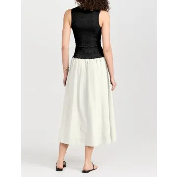 Ymejia Women's Flowy Sleeveless Smocked Midi Dress Calf Length Slim Fit Crewneck Patchwork Trendy Corset Sundress Black White