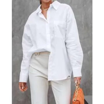 Womens Long Sleeve Button Down Shirts Fall Trendy V Neck Business Work Loose Button Up Blouses Casua...