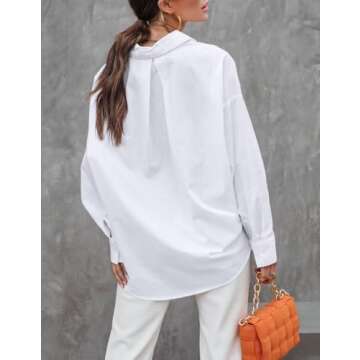 Womens Long Sleeve Button Down Shirts Fall Trendy V Neck Business Work Loose Button Up Blouses Casual Oversized Tops White,M