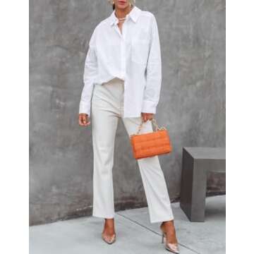Womens Long Sleeve Button Down Shirts Fall Trendy V Neck Business Work Loose Button Up Blouses Casual Oversized Tops White,M