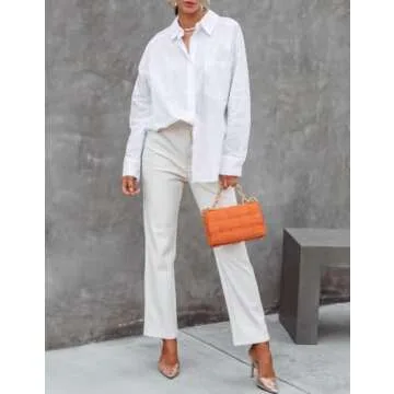 Womens Long Sleeve Button Down Shirts Fall Trendy V Neck Business Work Loose Button Up Blouses Casual Oversized Tops White,M