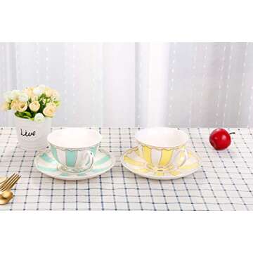 AWHOME Vintage Ceramic Teacup and Saucer Set 7 oz (Yellow Green Pink Blue)