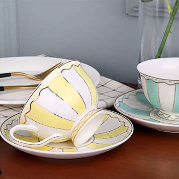 AWHOME Vintage Ceramic Teacup and Saucer Set 7 oz (Yellow Green Pink Blue)