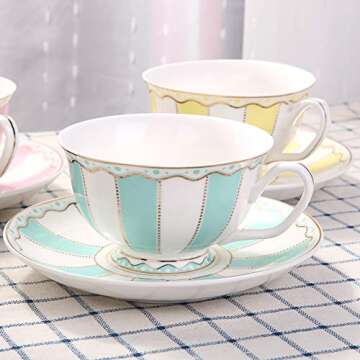 AWHOME Vintage Ceramic Teacup and Saucer Set 7 oz (Yellow Green Pink Blue)