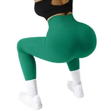 SUUKSESS Women Ribbed Seamless Leggings High Waisted Tummy Control Workout Yoga Pants (Jade Green, S)