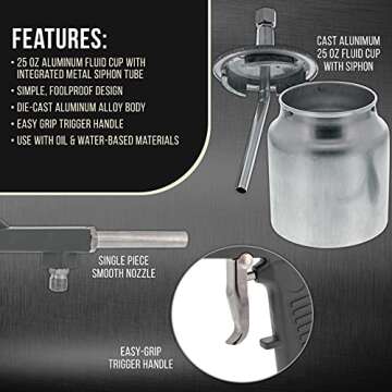 TCP Global Air Undercoating Spray Gun with Suction Feed Cup - Apply Sprayable Truck Bed Liner Coating, Rubberized Undercoat, Rust Proofing, Chip Guard Paint - Pneumatic Automotive Application Sprayer