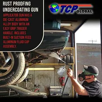 TCP Global Air Undercoating Spray Gun with Suction Feed Cup - Apply Sprayable Truck Bed Liner Coating, Rubberized Undercoat, Rust Proofing, Chip Guard Paint - Pneumatic Automotive Application Sprayer