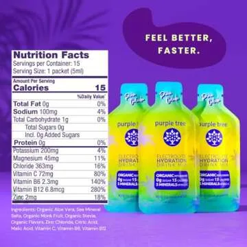 Purple Tree Organic Electrolyte Hydration Packets, Pina Colada, Sugar Free, Daily IV Hydrate Packs for Dehydration Relief, Rapid Rehydration, 15 Hydrating Liquid Sticks for Water