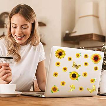 242 Pieces Sunflowers Stickers PVC Yellow Flowers Butterfly Decal Waterproof Daisy Floral Decals for Home Classroom Reward Laptop Planner Calendar Scrapbooking Crafting, 8 Sheets