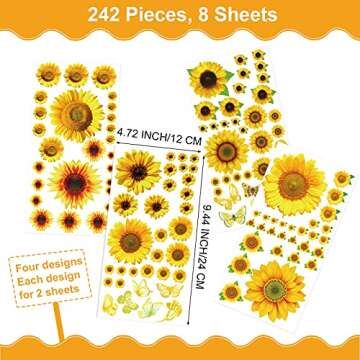 242 Pieces Sunflowers Stickers PVC Yellow Flowers Butterfly Decal Waterproof Daisy Floral Decals for Home Classroom Reward Laptop Planner Calendar Scrapbooking Crafting, 8 Sheets