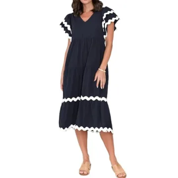 PINUPART Women's Casual Oversized Short Flutter Sleeve RIC Rac Midi Dress Navy White L