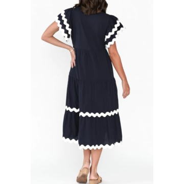 PINUPART Women's Casual Oversized Short Flutter Sleeve RIC Rac Midi Dress Navy White L