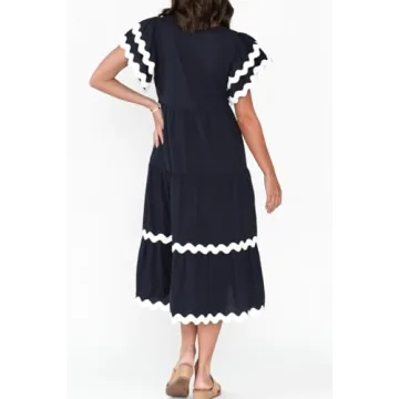 PINUPART Women's Casual Oversized Short Flutter Sleeve RIC Rac Midi Dress Navy White L