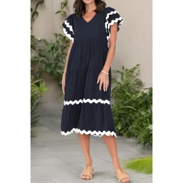 PINUPART Women's Casual Oversized Short Flutter Sleeve RIC Rac Midi Dress Navy White L