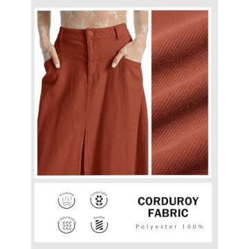 Cicy Bell Womens High Waisted Corduroy Maxi Skirts Split A-line Casual Fall Long Skirt Orange