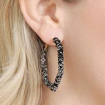 Sparkly Cubic Jewel Geometric Statement Hoop Earrings - Bling Crystal Rhinestone Glitter Hexagon Round Hoops, Vertical Bar (Sparkly Crystal Hexagon - Black)