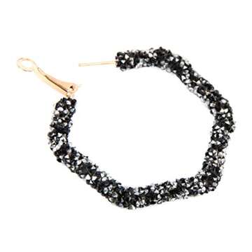 Sparkly Cubic Jewel Geometric Statement Hoop Earrings - Bling Crystal Rhinestone Glitter Hexagon Round Hoops, Vertical Bar (Sparkly Crystal Hexagon - Black)