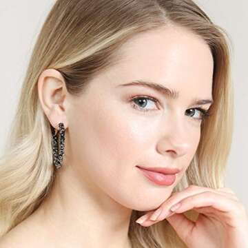 Sparkly Cubic Jewel Geometric Statement Hoop Earrings - Bling Crystal Rhinestone Glitter Hexagon Round Hoops, Vertical Bar (Sparkly Crystal Hexagon - Black)