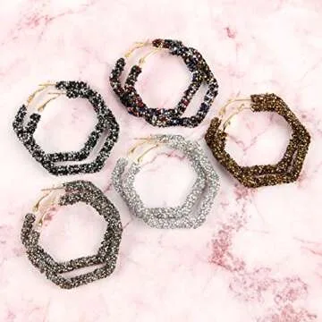 Sparkly Cubic Jewel Geometric Statement Hoop Earrings - Bling Crystal Rhinestone Glitter Hexagon Round Hoops, Vertical Bar (Sparkly Crystal Hexagon - Black)