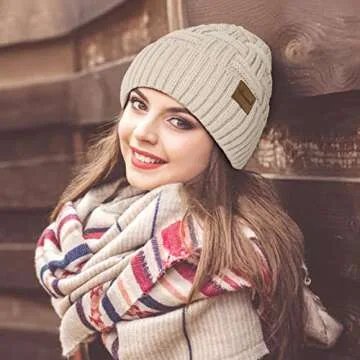 Loritta 3-Pieces Winter Hat Neck Warmer Touchscreen Gloves Set Knit Thick Scarf Beanie Hat Scarves Set Gifts for Women, Beige