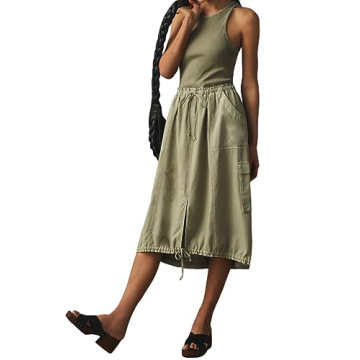 MASKAZU Women's Casual High Neck Tank Twofer Dress S sage