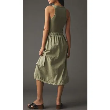 MASKAZU Women's Casual High Neck Tank Twofer Dress S sage