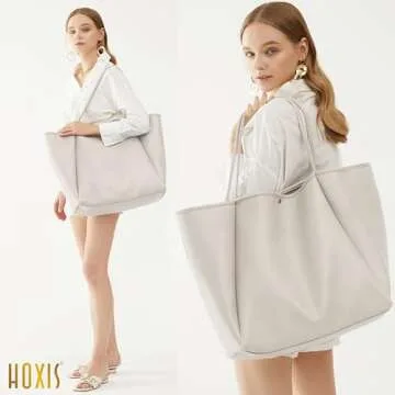 HOXIS Oversize Pu Leather Tote Women Weekender Bag Shopper Handbag Travel Purse (Ivory)