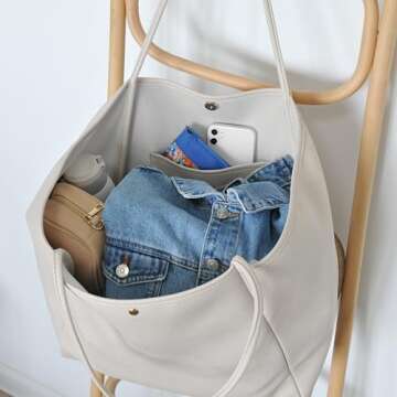 HOXIS Oversize Pu Leather Tote Women Weekender Bag Shopper Handbag Travel Purse (Ivory)