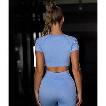 OQQ Women's 3 Piece Crop Top Seamless Workout Running Short Sleeve Sports T-Shirt DarkGreen Red Blue