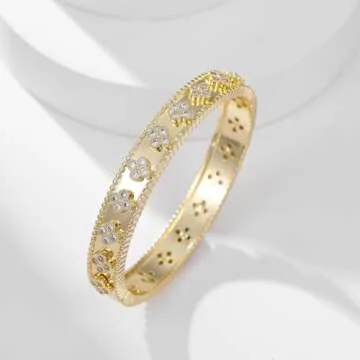 AIMADE 18k Gold Plated Lucky Clover Bracelet Bangle for Women Simple Cute Trendy Bracelet Jewelry Gifts (gold, 17)