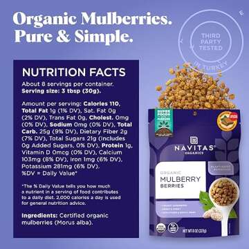 Navitas Organics Mulberries, 8 oz. Bag, 8 Servings — Organic, Non-GMO, Sun-Dried, Gluten-Free, Sulfite-Free (Pack of 1)