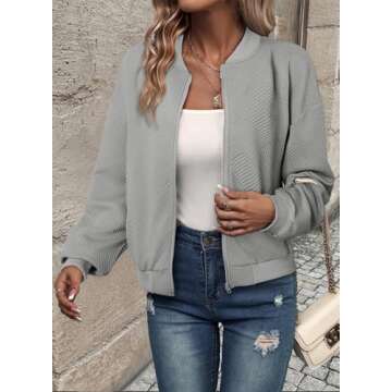 EVALESS Women's Bomber Jacket Lightweight Outwear Fall Fashion Stand Collar Zip Up Jackets Coat with...