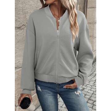 EVALESS Women's Bomber Jacket Lightweight Outwear Fall Fashion Stand Collar Zip Up Jackets Coat with Pockets 2X-Large Grey