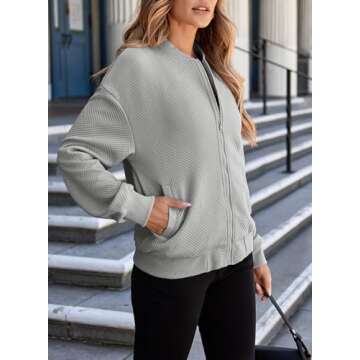 EVALESS Women's Bomber Jacket Lightweight Outwear Fall Fashion Stand Collar Zip Up Jackets Coat with Pockets 2X-Large Grey