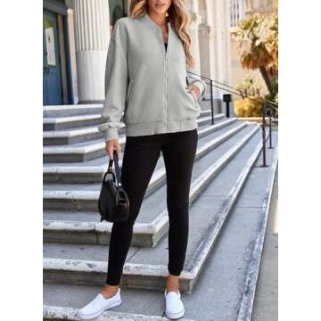 EVALESS Women's Bomber Jacket Lightweight Outwear Fall Fashion Stand Collar Zip Up Jackets Coat with Pockets 2X-Large Grey