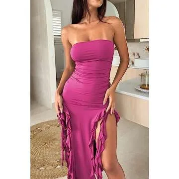 Stylish Women Bandeau Ruffle Midi Dress for Parties