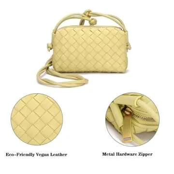 Woven Crossbody Bags For Women, Small Handmade Purse Clutch Shoulderbag Handbag, Zipper Closure (Yellow)