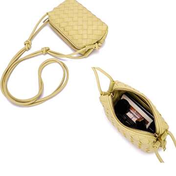 Woven Crossbody Bags For Women, Small Handmade Purse Clutch Shoulderbag Handbag, Zipper Closure (Yellow)